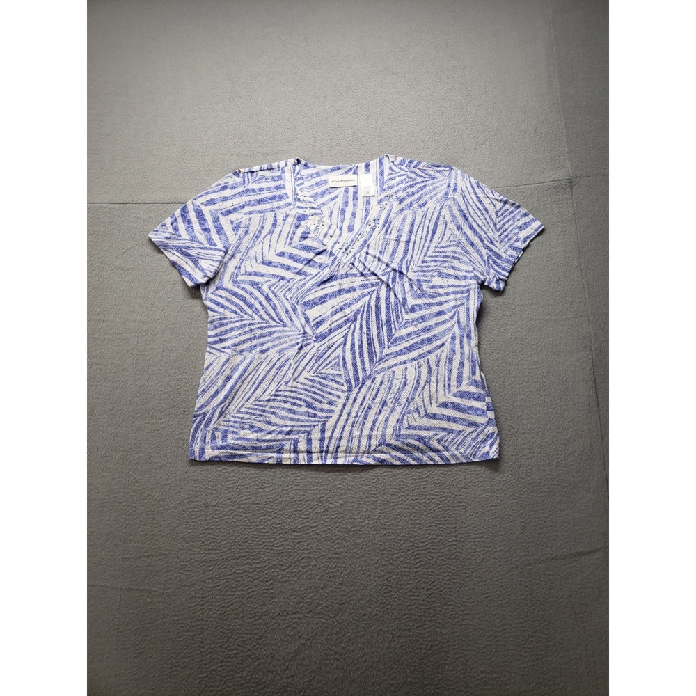 Alfred Dunner Women Top L Blue Leaf‎ Print Short Sleeve V Neck Tee Summer Casual